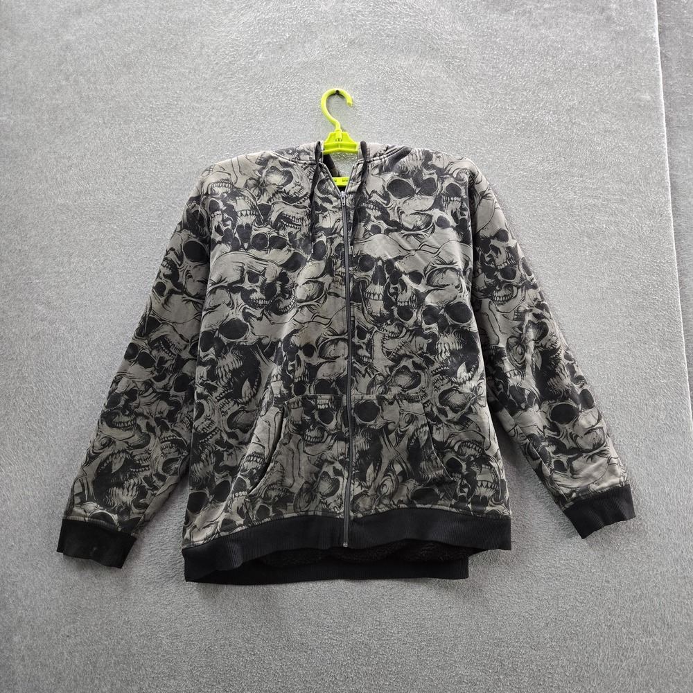 Skull Men Hoodie 2XL Gray Sherpa Lined Y2K Grunge Skate Hip Hop Full Zip